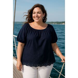 Talbots Blouse 2XP Navy Blue Embroidery Eyelet Bohochic Casual Peasant Nautical